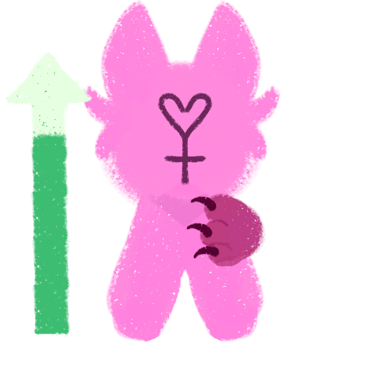 a pink, rounded figure with large pointed ears resembling a stylized animal or plush toy. A heart-like symbol with a cross underneath, indicating femininity, is drawn on the face and she has a paw pointed to herself, A green arrow points upwards indicating an older age.